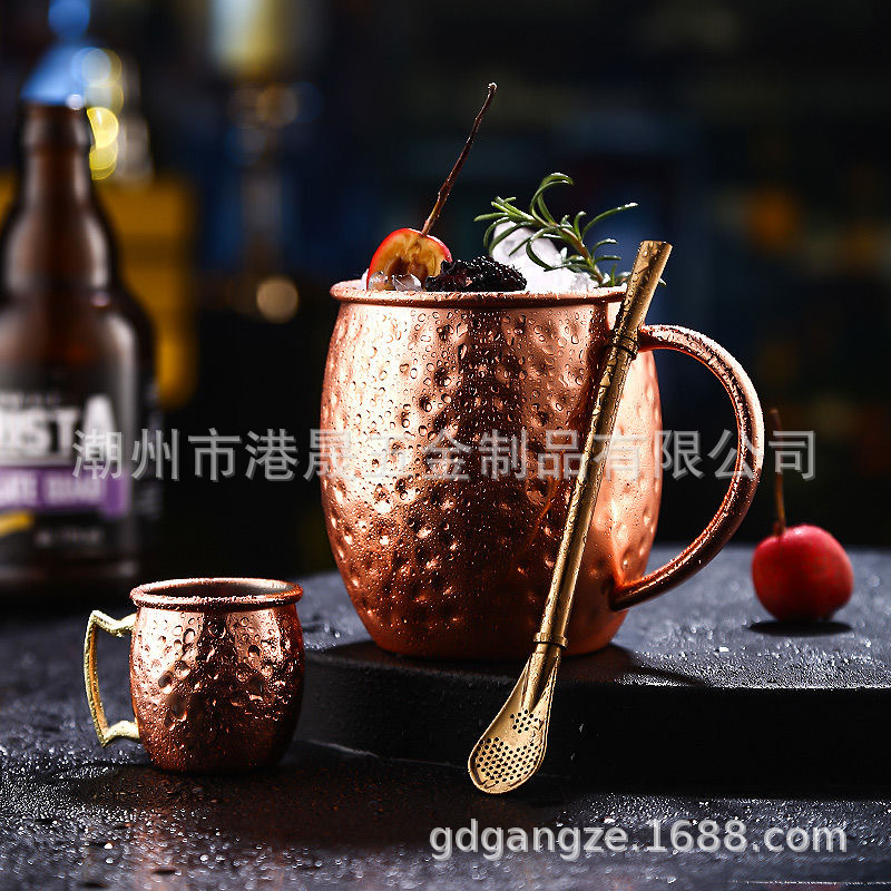Nueva taza Moscow Mule de acero inoxidable de grado alimenticio, vaso de cóctel con superficie lisa en forma de tambor martillado y chapado en cobre pulido.