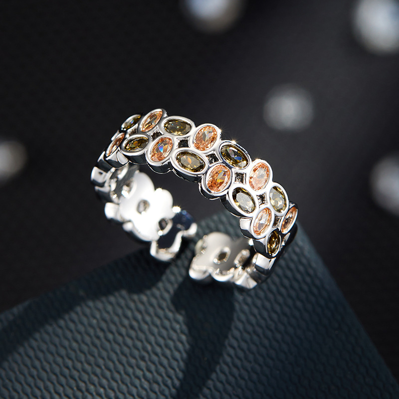 Light Luxury Oval-shaped Gemstone Hollow Open Made Of Copper Alloy Zircon Inlay, Adjustable Index Finger Ring With A_voghion.com