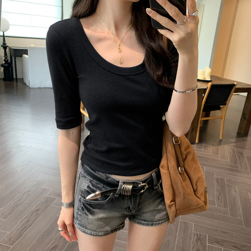 简约纯色七分袖u领T恤女2025夏季气质修身显瘦软糯收腰紧身上衣女|undefined
