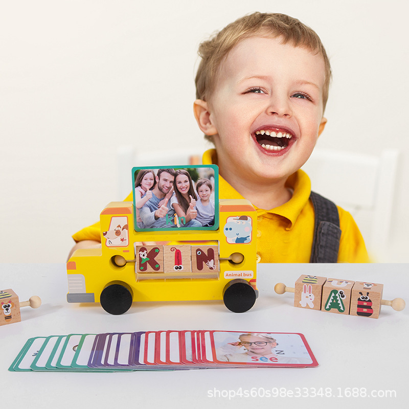 ce 趣味儿童小车子玩具2-3-6岁宝宝84拼单词游戏木制小车巴士拼图