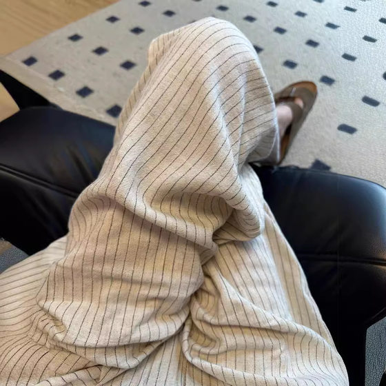 Summer Loose Pants Linen High Waist Loose Comfortable Breathable Wide Leg Pants Women's Slimming Striped Thin Cotton and Linen Casual Pants