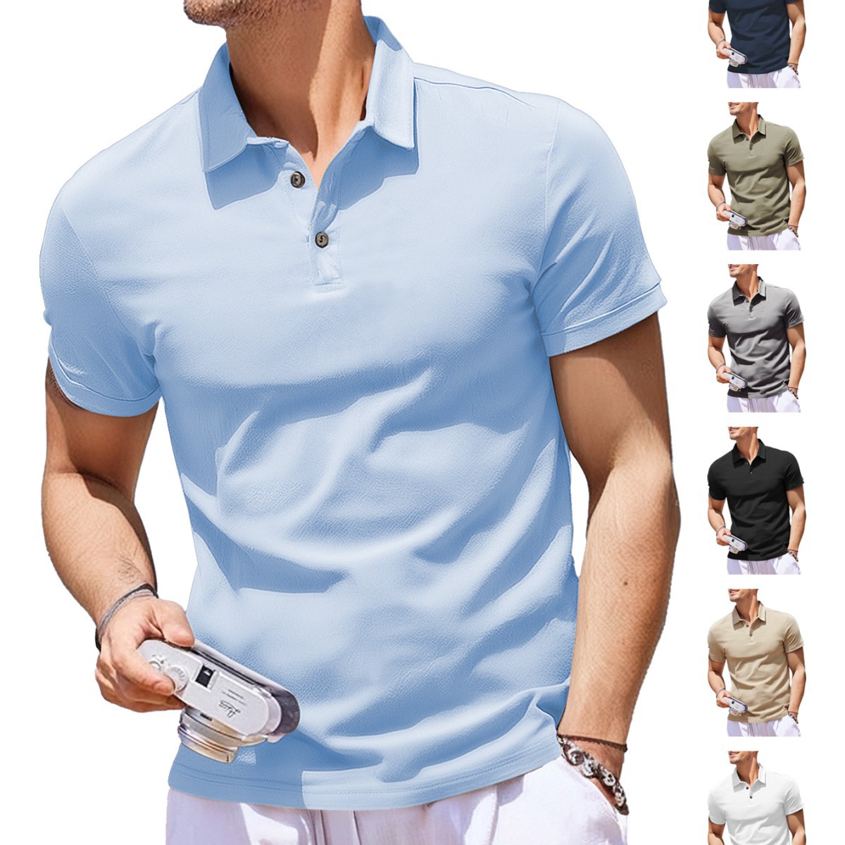 Europa y América transfronterizos hombre lino sólido botón camisa de manga corta Amazon TK polo de algodón transpirable