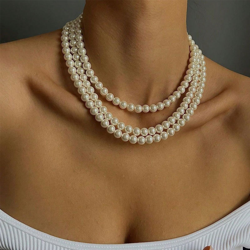 Cross-border hot three-layer laminated with 8mm imitation pearl necklace women's multi-layer high-grade neck chain clavicle chain jewelry wholesale