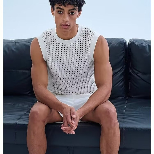 Men's Semi-Transparent Lattice Knit V-Neck Top with Indie Design and Cool Gritty Style