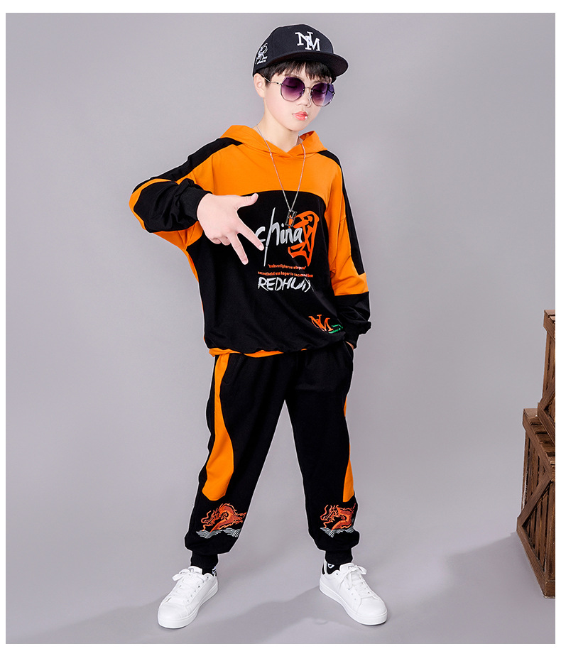 Costume d'automne pour garçons, beau taille moyenne, sweat à capuche contrasté, ensemble deux pièces pour enfants, vêtements de sport, nouvelle collection 2023_voghion.com