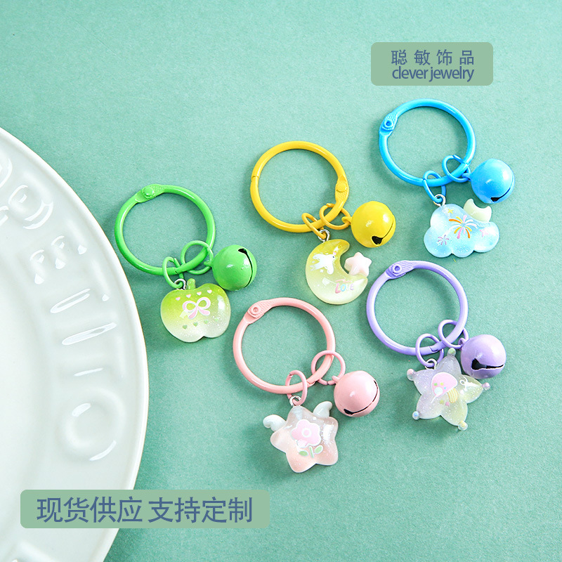 New colorful transparent glitter pendant keychain with alloy bell and bead material kit for packaging decorations wholesale