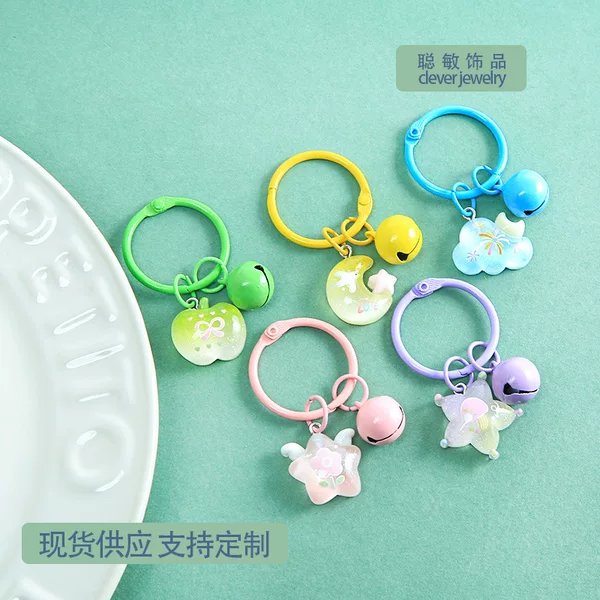 New colorful transparent glitter pendant keychain with alloy bell and bead material kit for packaging decorations wholesale