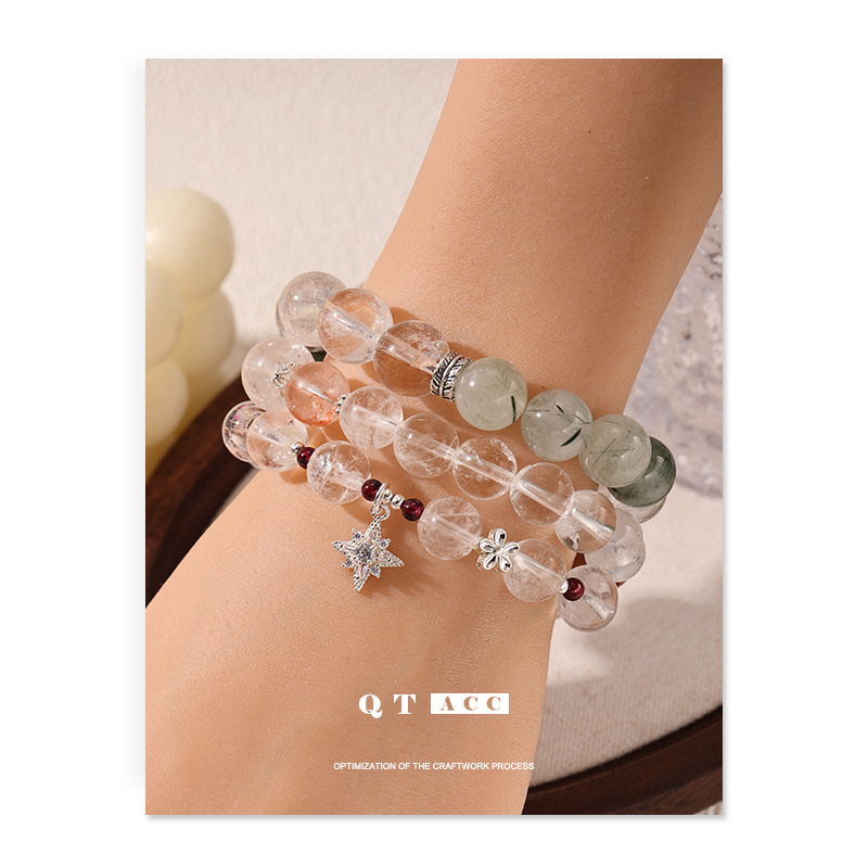 Nuevo estilo chino estrella de goma roja flor granada cristal blanco cristal verde de piedra natural pulsera de cuentas pulsera mujer
