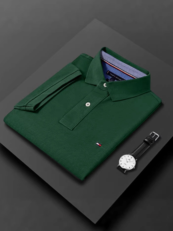 Original 26 New Products Tommy Pure Color Men's Polo Shirt Short-Sleeved Large Size Casual T-Shirt Loose Cotton Top