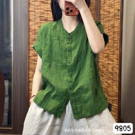 2026夏季新款亚麻衬衫女女文艺简约开衫百搭纯色短袖衬衣小衫