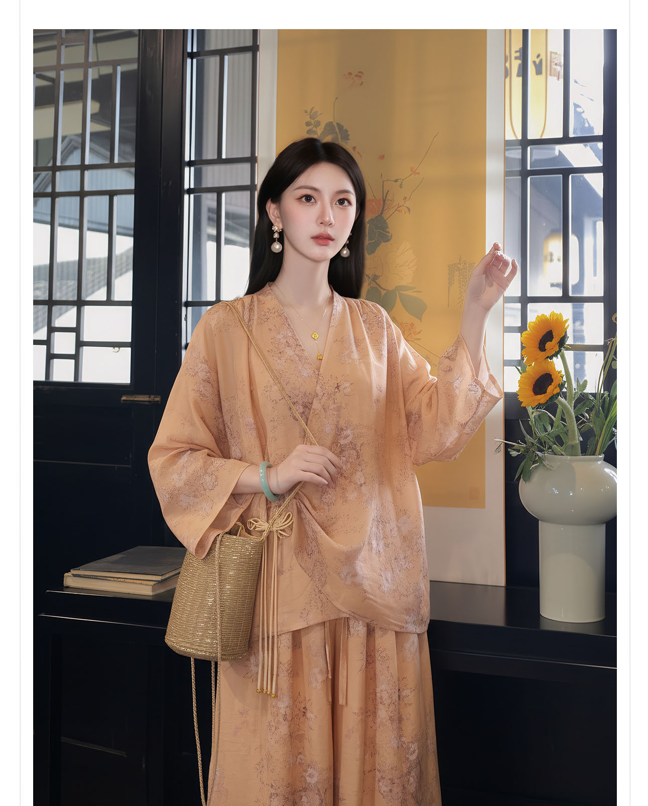 Bộ đồ bộ nữ phong cách Trung Hoa mới, áo rộng quần ống rộng họa tiết jacquard, form suông thoải mái — Trang chủ, bộ đồ, Quần dài chi tiết 5