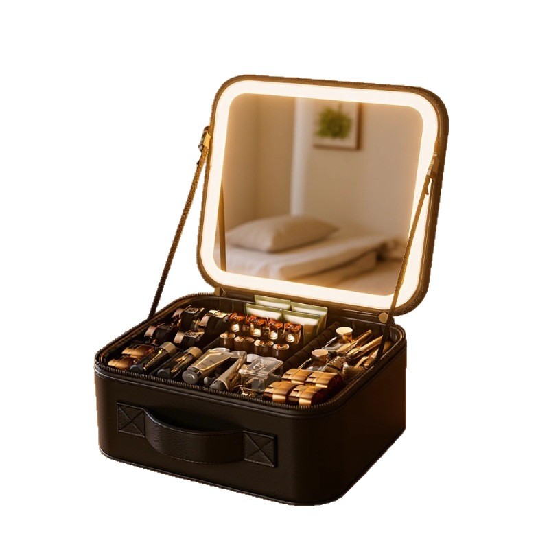 Caja de maquillaje con lámpara LED, bolsas de maquillaje con espejo, bolsas de almacenamiento portátiles de gran capacidad y maquillaje personalizado.