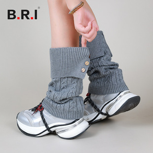 Retro Hemp Pattern Cuffed Slouch Socks British College Style Breathable Shaping Leg Warmers Subculture Button Embellished Socks