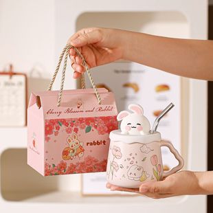Cartoon Cute Rabbit Suction Tube Cup with Lid Creative Cup Ceramic Mug Girls' Girls' Home Gift Giving Water Cup