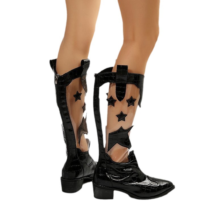 Damenschuhe Herbst und Winter neue hohe Stiefel Damen große Größe transparent fünfzackigen Stern niedrigen quadratischen Absatz Mode Damenstiefel_voghion.com