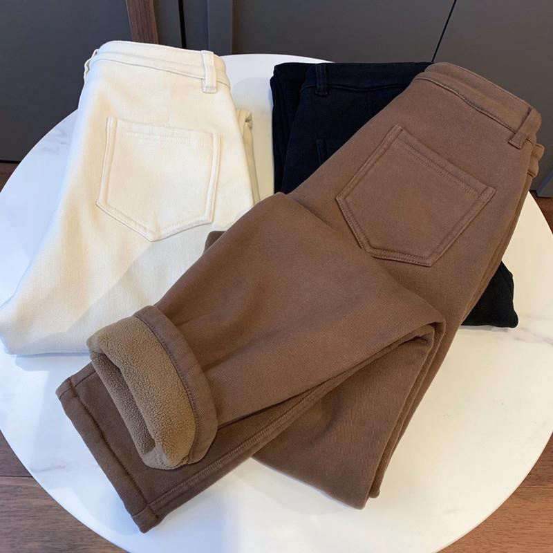 2023 Autumn/Winter New Plush Thickened Jeans Women's High Waist Stretch Slim Versatile Outwear Casual Harlan Pants