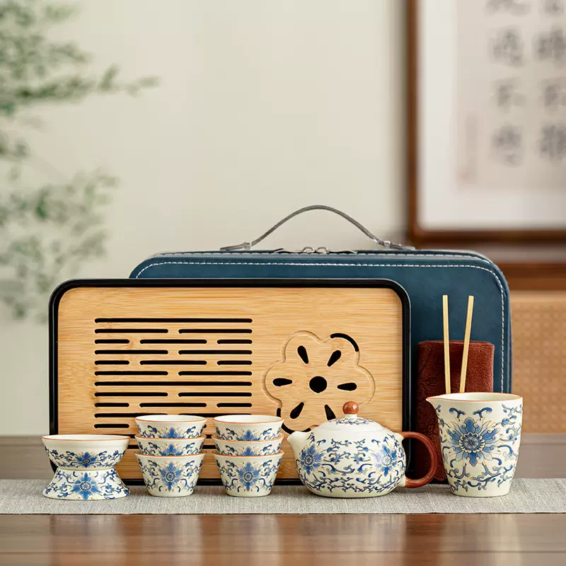 缠枝莲德化陶瓷旅行皮包汝窑茶具套装便携车载户外功夫茶具泡茶器