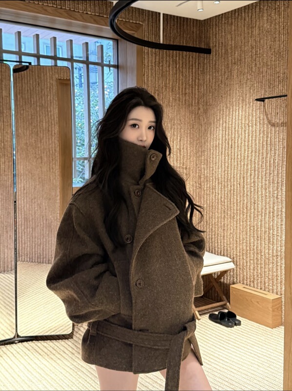 Le家同款苏力羊驼毛面料外套女秋冬加衬阔版小个子系带羊毛呢大衣|undefined