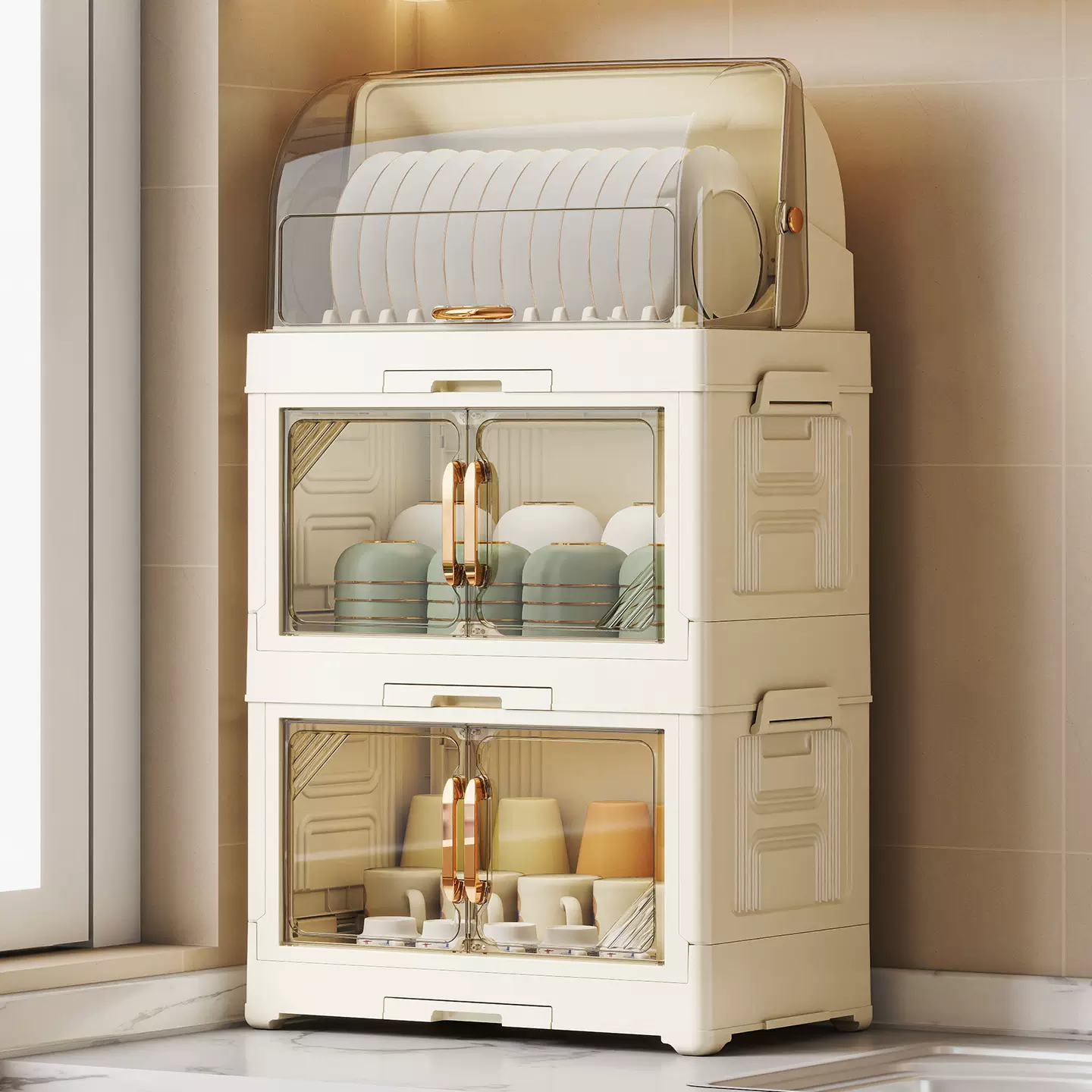 跨境可折叠双开门翻盖碗柜透明沥水奶瓶碗碟筷置物架沥水架