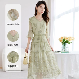 源头工厂绣花真丝女装V领气质中长A字裙高端100%桑蚕丝连衣裙9066