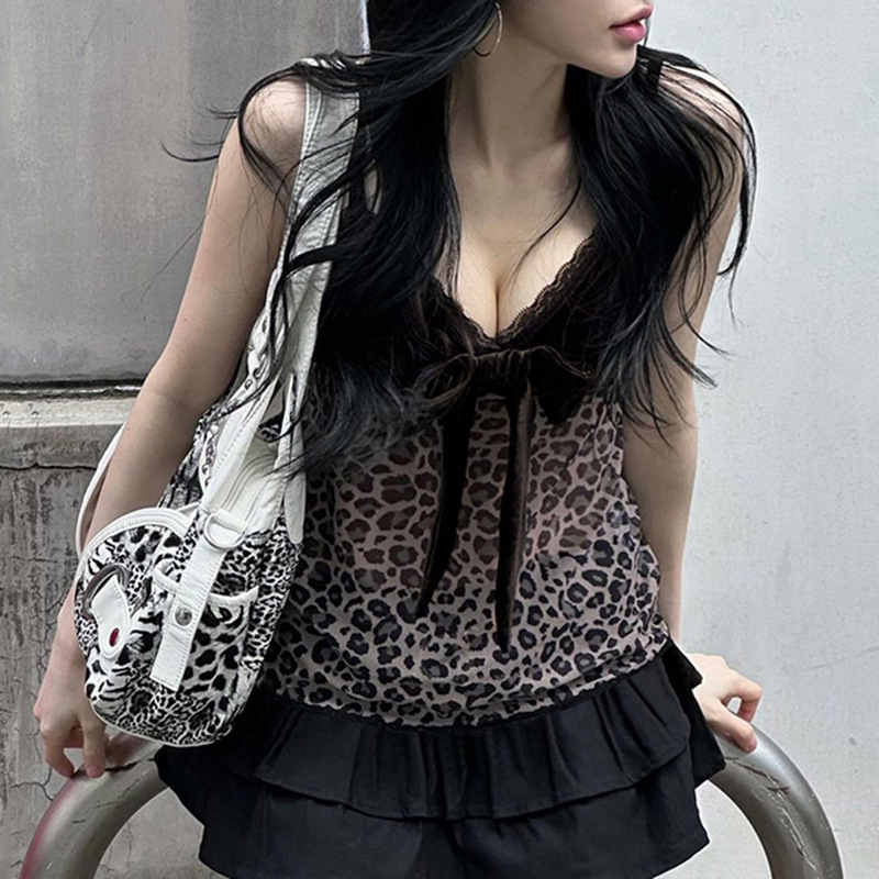 European and American Sexy Style Sexy Slim Velvet Leopard Print Vest Summer Slimming Short Bottoming Suspender Top for Women