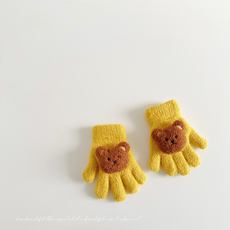 二重の厚い厚いかわいい熊の手袋の冬のベルベットの5本の指の手袋の子供の漫画の保温の赤ちゃんの手袋|undefined