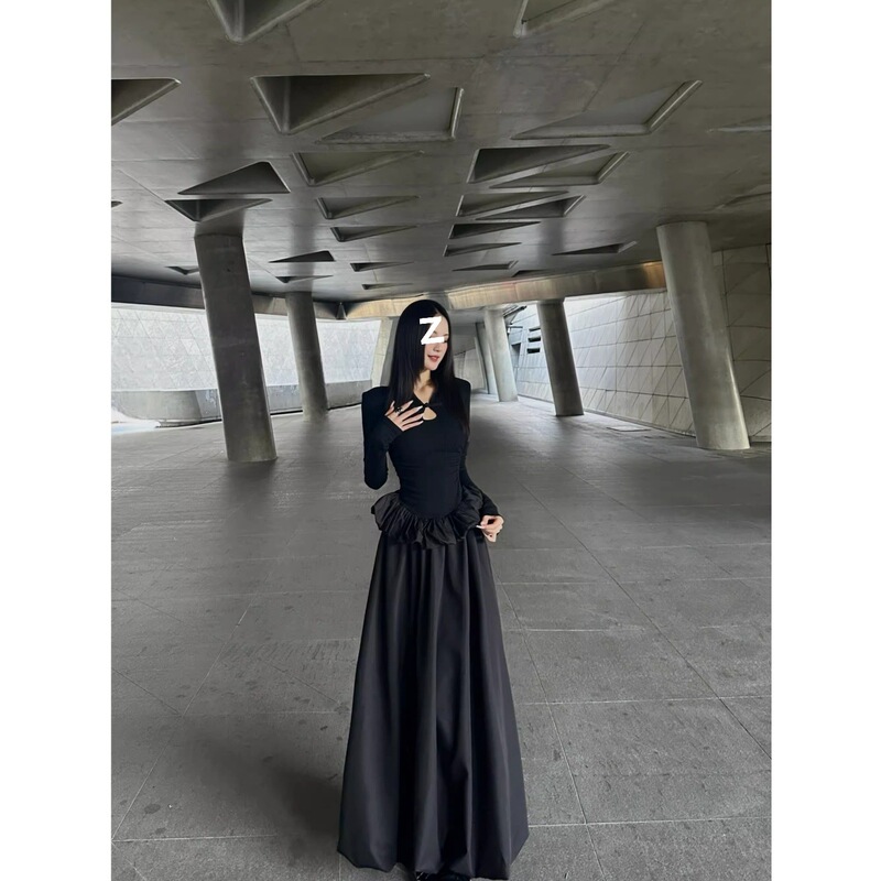 Black New Chinese Style Long Sleeve Qipao Dress for Women, Early Autumn Elegant Waist-Cinching Birthday Gown Long Dress