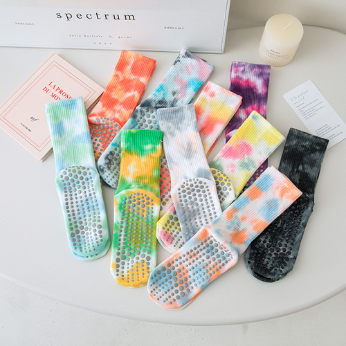 Pilates socks, professional non-slip socks, tie-dye mid-calf yoga socks, women's breathable spring and summer fitness sports socks, floor socks