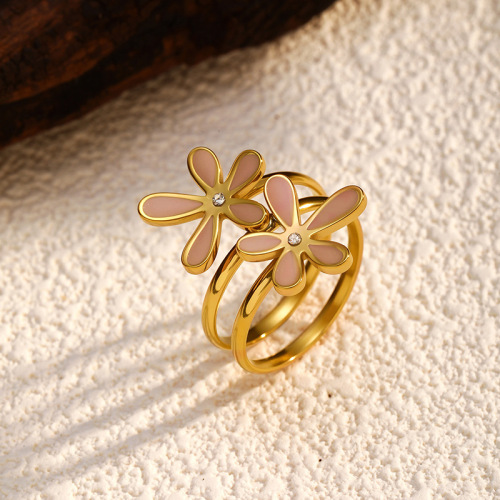 Vintage style European and American colorful oil-dripping flower stacking ring stainless steel plated 18K gold ring high-grade non-fading 