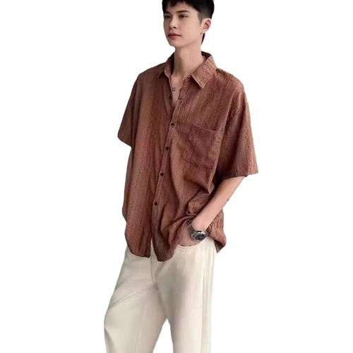 Men's summer casual thin short-sleeved plain shirt, five-point collar, trendy brand, cool style.