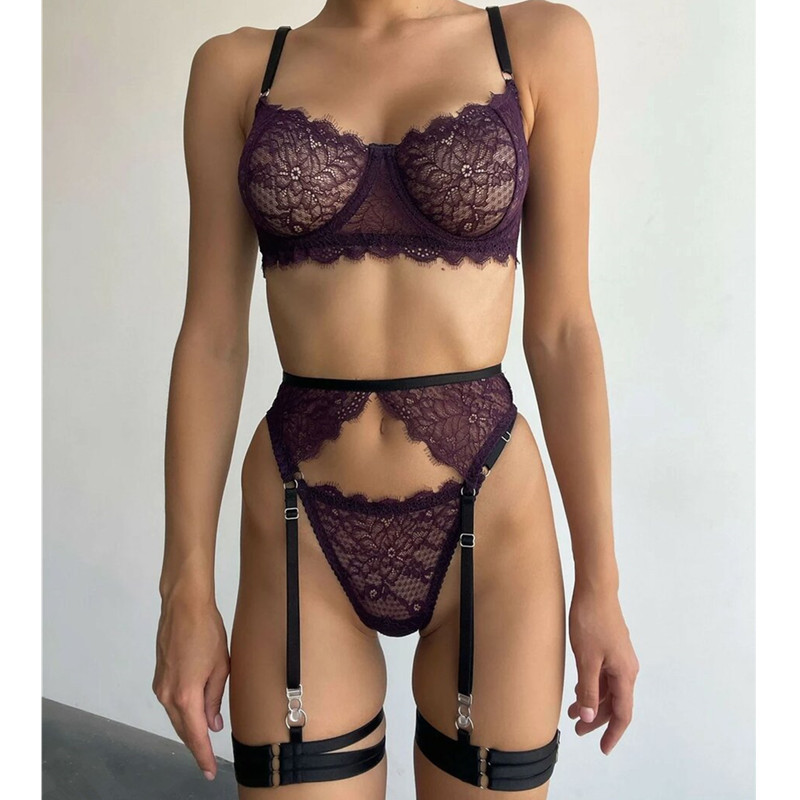 European and American cross-border new sexy underwear fashion women's lace ribbon steel ring leg strap bra suit four-piece set