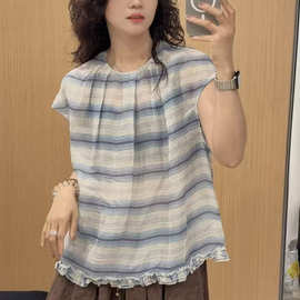 26夏新款条纹衬衫女  小众韩版蓝色气质减龄小短袖