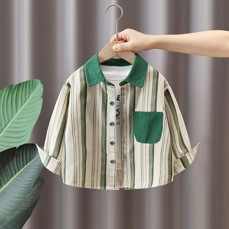 7743 camisa de pana para niños 2025 nueva camisa de manga larga a rayas de primavera y otoño para niños