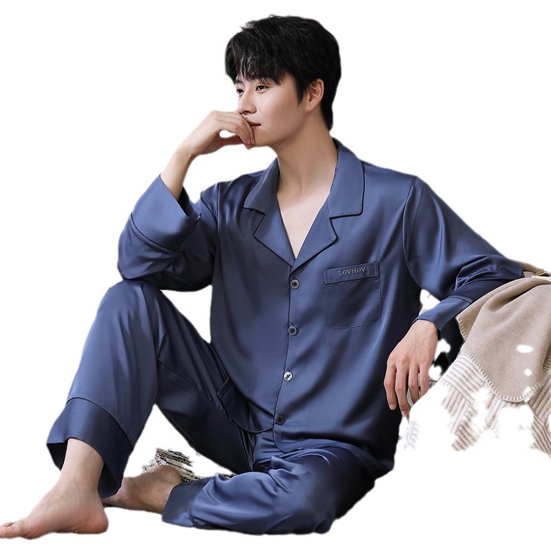 LUHAO 잠옷 남성 가을 가디건 긴 소매 얼음 실크 남성 가정 의류 가을 멋진 세트 수 놓은 선물 수 있습니다