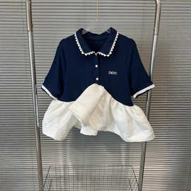 翎华纪2025年夏季新款小众花边拼接领撞色蓬蓬裙摆上衣