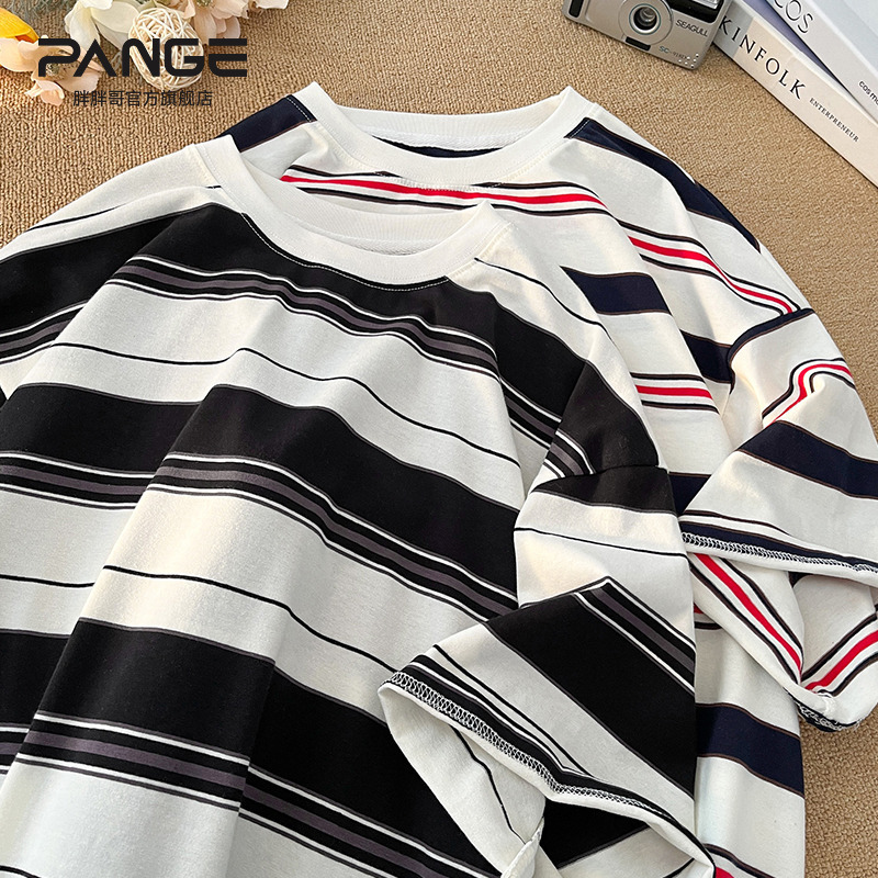 日系复古条纹圆领短袖T恤男2025夏季新款潮牌痞帅落肩半袖体恤衫