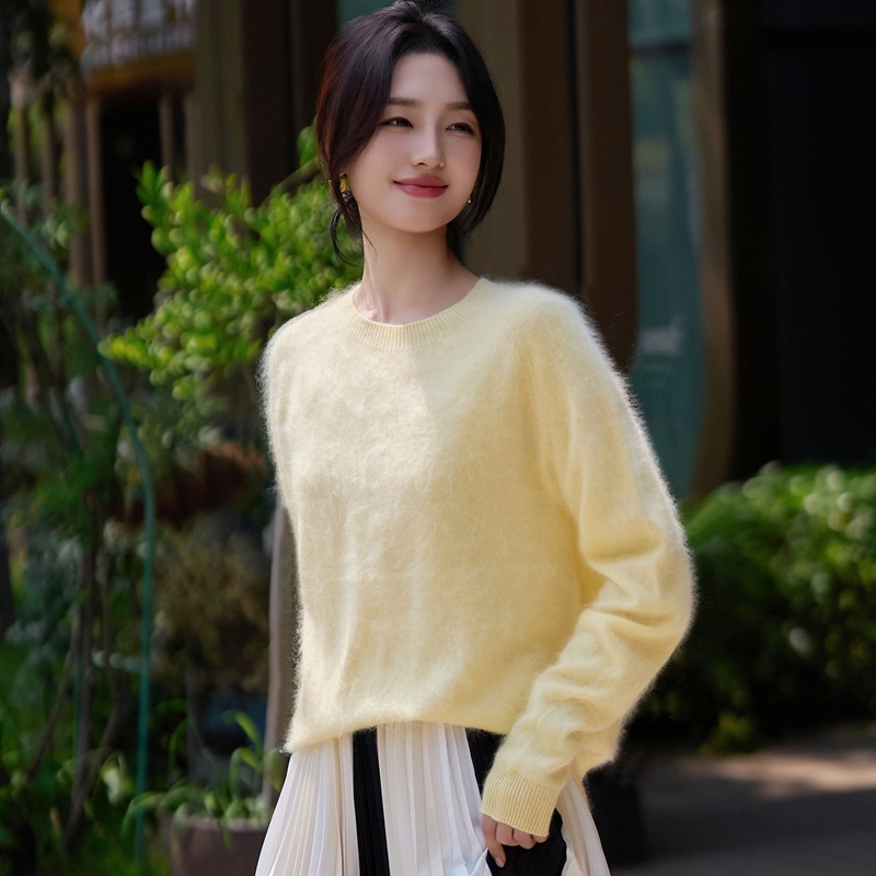 无缝一体山羊绒羊毛混纺拉绒毛衣女式圆领套头衫秋冬新款舒适打底|undefined