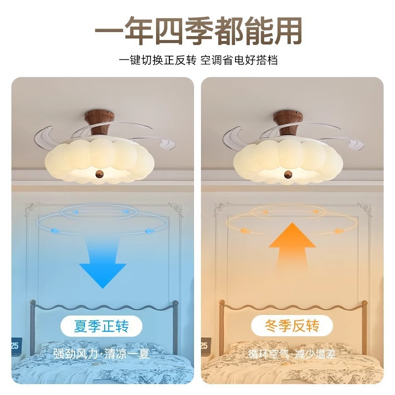 法式中古风卧室风扇灯新中式胡桃木色泡泡吊扇灯餐厅一体电风扇灯|undefined