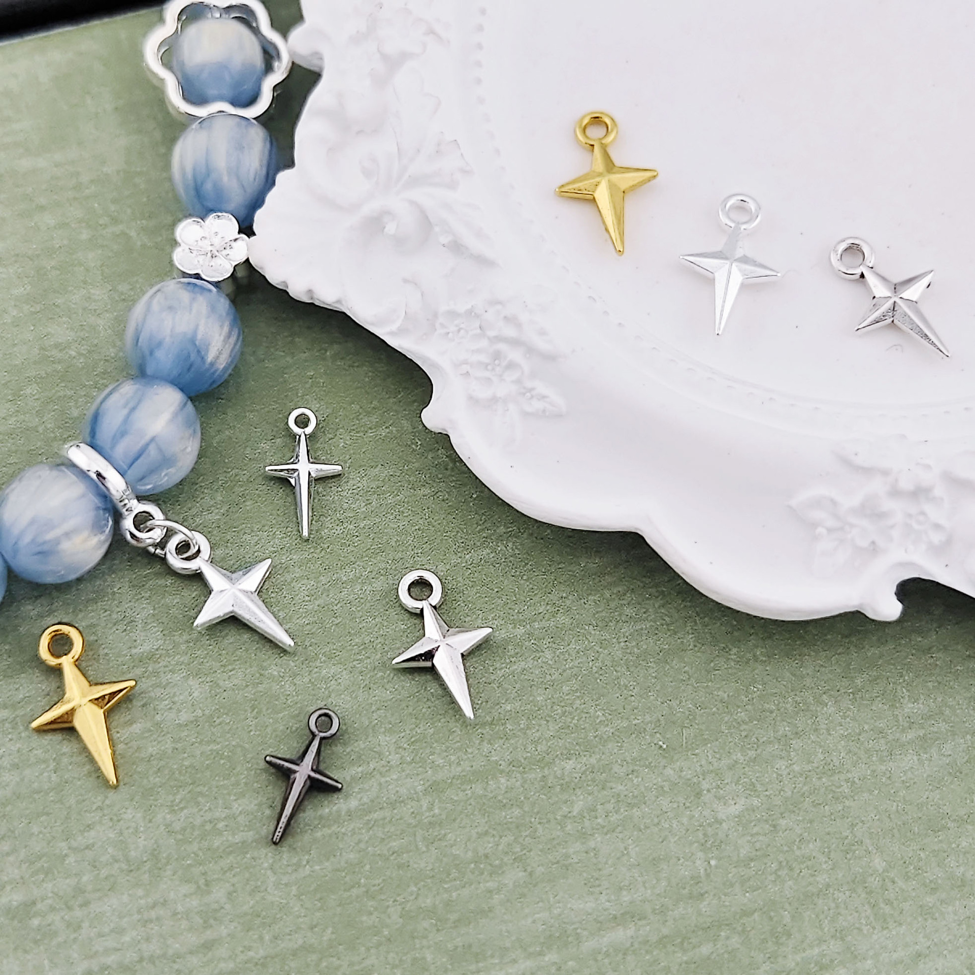 Alloy Four-Pointed Star Pendant Bright Silver DIY Accessories Star Pendant Bracelet Pendant Bracelet Spacer Beads Beading Material