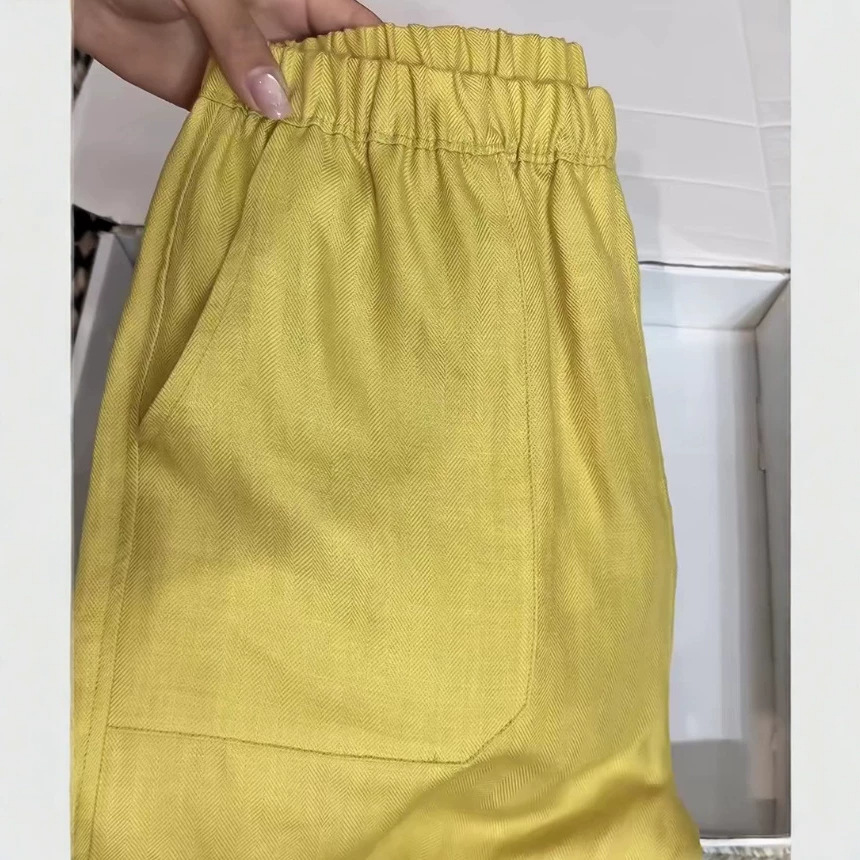 Quần culottes nữ ống rộng vải lanh màu vàng eo cao mùa hè — màu vàng