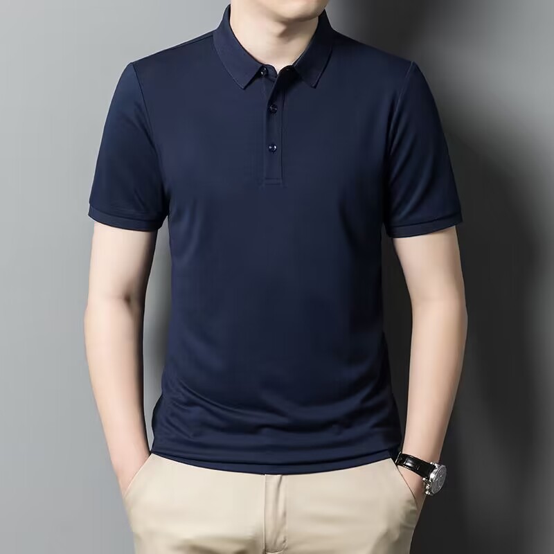 Camisa de polo de comercio exterior de seda de morera Camiseta de manga corta para hombre verano negocios de mediana edad más tamaño solapa color sólido ropa de hombre suelta