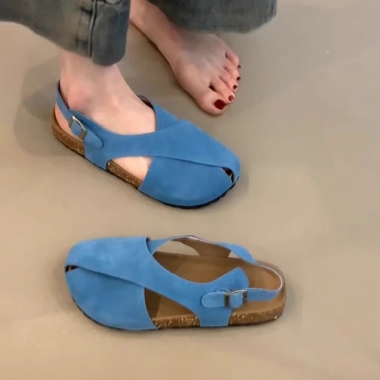 Versión de piel de oveja ~ Nuevas sandalias planas de cuero esmerilado de punta redonda con hebilla de una palabra para mujer