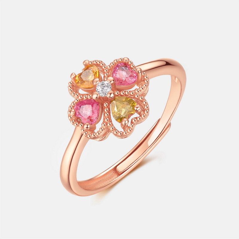 Estilo transfronterizo, lujo ligero, moda, trébol de cuatro hojas de la suerte, anillo de turmalina natural S925, anillo abierto de oro rosa con incrustaciones de plata