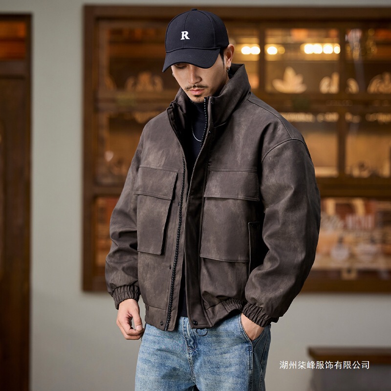 White duck down 2026 winter new PU leather jacket men's down jacket American workwear large pocket down coat trendy