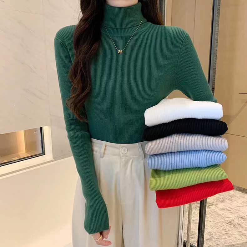Autumn and Winter New High Neck Slim-Fit Tight Green Sweater Women's Base Shirt Styish Inner Long-Sleeved Sweater Top