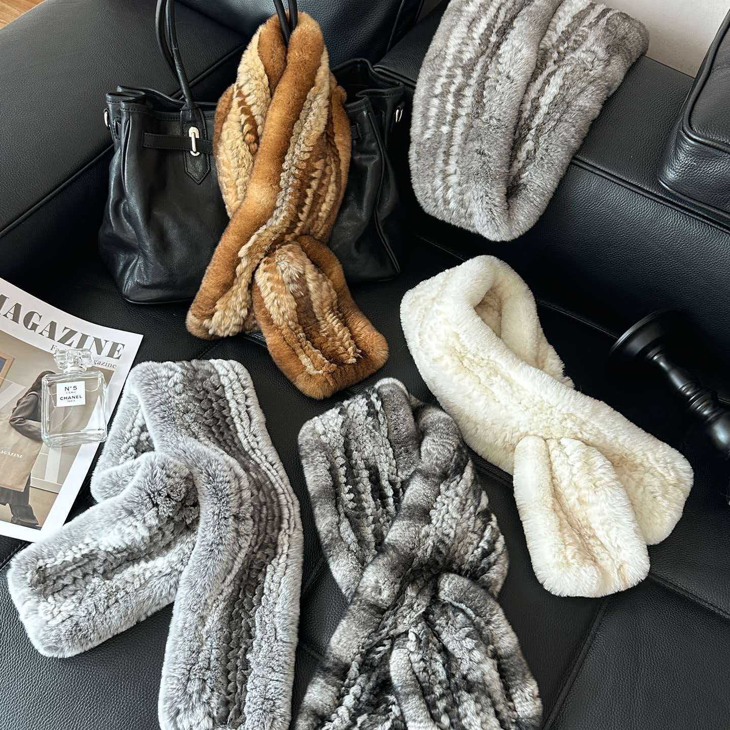 Soft and fluffy rex rabbit fur scarf, Korean style, simple woven, chinchilla amber, warm and thick, elegant and sophisticated