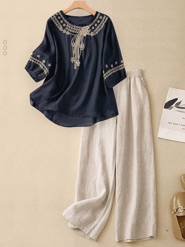 Новый китайский модный костюм с короткими рукавами в этническом стиле, состоящий из двух частей, топы из хлопка и льна, литературные ретро-повседневные темпераментные широкие брюки