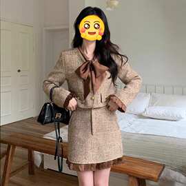 2024年春秋新款时尚小香风套装裙女洋气蝴蝶结短外套半身裙两件套