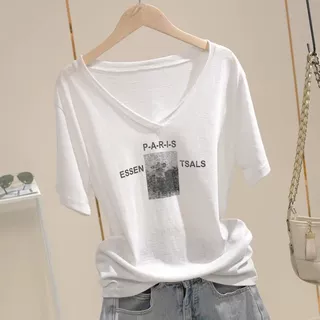2025夏季新款舒适百搭通勤超薄吸汗雪花棉T恤女夏季宽松V领上衣潮