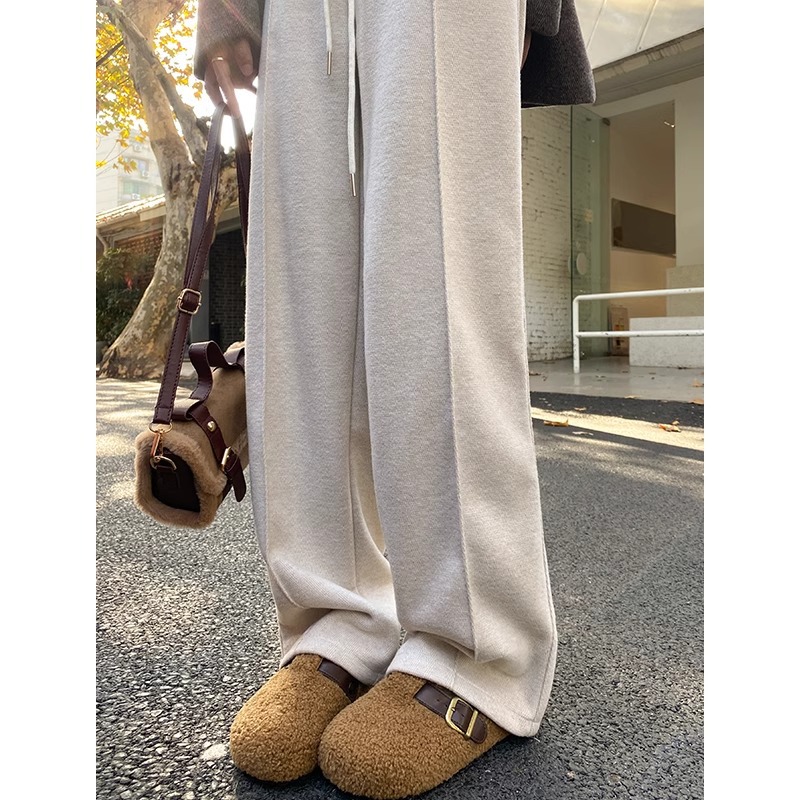 Pantalones de piernas anchas de lana blanca de arroz para mujeres otoño y invierno 2024 cintura alta casual pantalones rectos y estrechos pantalones de traje de herringbone